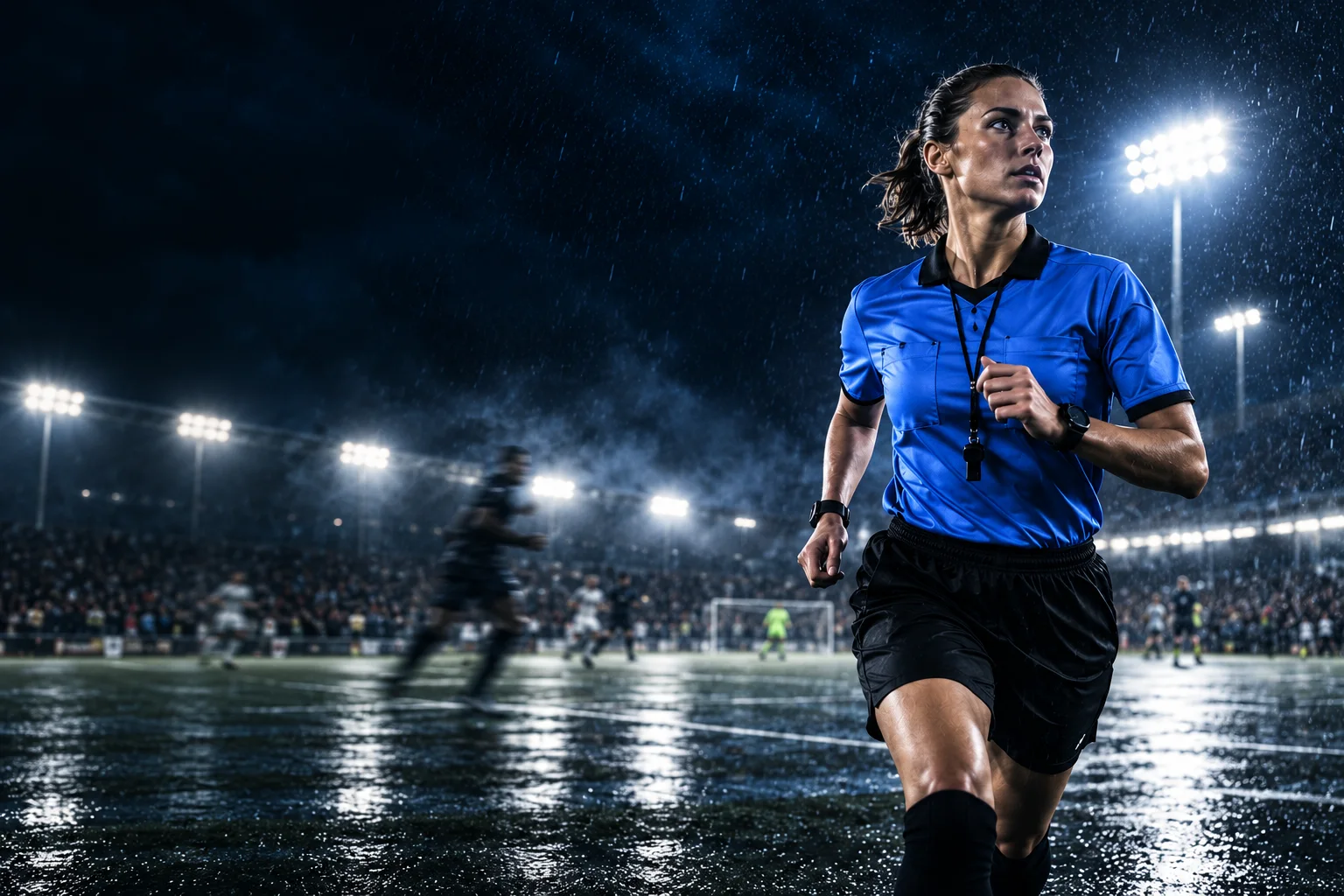 Fotbollsdomare på en upplyst arena i regn